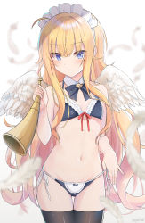 Rule 34 | 1girl, absurdres, ahoge, bikini, black ribbon, black thighhighs, blonde hair, blue bikini, blue eyes, blush, bow, bow bikini, detached collar, feathered wings, feathers, flat chest, gabriel dropout, gabriel tenma white, hair between eyes, highres, horn (instrument), long hair, looking at viewer, maid, maid bikini, maid headdress, navel, neck ribbon, ribbon, side-tie bikini bottom, simple background, solo, string bikini, swimsuit, tenma-gav, thigh gap, thighhighs, unconventional maid, very long hair, white background, white wings, wings