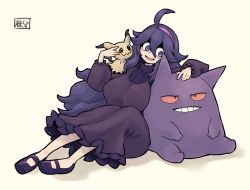 Rule 34 | 1girl, :d, @ @, ahoge, alternate breast size, blush, breasts, chichibu (watson), commentary request, creatures (company), dress, game freak, gen 1 pokemon, gen 7 pokemon, gengar, hair between eyes, hairband, hex maniac (pokemon), long dress, long hair, messy hair, mimikyu, nintendo, npc trainer, on shoulder, open mouth, pokemon, pokemon (creature), pokemon on shoulder, pokemon xy, purple eyes, purple footwear, purple hair, purple hairband, shoes, sitting, smile, tongue