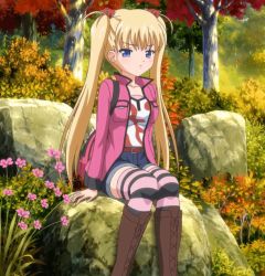 Rule 34 | 00s, 1girl, akizuki airi, animated, animated gif, belt, blonde hair, blue eyes, boots, bush, cross-laced footwear, flower, jacket, knee boots, lace-up boots, long hair, nature, oni chichi, rock, shorts, sitting, solo, stitched, striped, thighhighs, third-party edit, tree, twintails