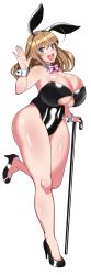 Rule 34 | 1girl, absurdres, bare shoulders, blue eyes, bow, breasts, brown hair, cane, cleavage, cleavage cutout, clothing cutout, commentary request, earrings, high heels, highres, huge breasts, jewelry, komusou (jinrikisha), leotard, long hair, ooba minori, original, pink bow, playboy bunny, rabbit earrings, simple background, smile, solo, thick thighs, thighs, underboob, white background