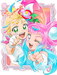 Rule 34 | 2girls, ahoge, bandeau, blonde hair, blue eyes, character name, choker, colored eyelashes, crop top, cure la mer, cure summer, earrings, eyelash ornament, flower, glove bow, green eyes, hair flower, hair ornament, heart, heart in eye, highres, jewelry, laura la mer, looking at viewer, magical girl, mismatched eyelashes, multicolored hair, multiple girls, natsuumi manatsu, pearl hair ornament, pink hair, pink sailor collar, ponytail, precure, sailor collar, smile, spr mei, symbol in eye, teeth, thick eyelashes, triangle earrings, tropical-rouge! precure, upper body, upper teeth only, white background, white choker, white sleeves, wrist bow