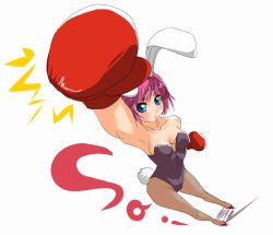 Rule 34 | 1girl, animal ears, armpits, bare shoulders, blue eyes, boxing gloves, breasts, cleavage, fake animal ears, female focus, gloves, makisige, medium breasts, original, pantyhose, playboy bunny, purple hair, rabbit ears, rabbit tail, shoes, short hair, solo, tail