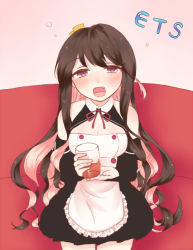 Rule 34 | 1girl, :d, alternate costume, bad id, bad pixiv id, bare shoulders, black hair, blush, cleavage cutout, clothing cutout, cosplay, cup, dream c club, dream c club (cosplay), dream c club (series), drinking glass, drunk, enmaided, fang, jamu (arpakassosan), kantai collection, looking at viewer, maid, multicolored hair, naganami (kancolle), open mouth, sitting, smile, solo, wavy hair