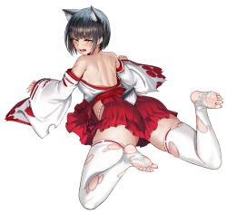 Rule 34 | 1girl, animal ear fluff, animal ears, ass, battle damage, black hair, blush, bob cut, breasts, defeat, detached sleeves, fangs, feet, from behind, full body, fundoshi, game cg, hakama, hakama short skirt, hakama skirt, highres, injury, japanese clothes, last origin, looking at viewer, looking back, lying, median furrow, medium breasts, miniskirt, nontraditional miko, official alternate costume, official art, on ground, open mouth, red ribbon, red skirt, ribbon, ribbon-trimmed legwear, ribbon trim, short hair, shoulder blades, sideboob, simple background, skindentation, skirt, slit pupils, solo, tabi, tachi-e, taesi, tail, tearing up, thick eyebrows, thighhighs, torn clothes, torn sleeves, torn thighhighs, transparent background, vargr (last origin), white thighhighs, wolf ears, wolf tail, yellow eyes