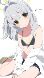 Rule 34 | 1girl, bare shoulders, bikini, black bikini, blue archive, breasts, commentary request, green eyes, grey hair, hair ornament, hairclip, halo, hare (blue archive), head tilt, highres, jacket, long hair, looking at viewer, mochigome (ununquadium), navel, off shoulder, ponytail, sandals, small breasts, solo, string bikini, swimsuit, white jacket