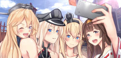 Rule 34 | 10s, 4girls, :d, ;d, anchor, bare shoulders, bismarck (kancolle), blonde hair, blue eyes, blush, brown hair, cellphone, chain, crown, detached sleeves, grey eyes, hairband, hat, headgear, highres, iowa (kancolle), japanese clothes, kantai collection, kongou (kancolle), long hair, mini crown, multiple girls, nontraditional miko, one eye closed, open mouth, peaked cap, phone, selfie, smartphone, smile, star-shaped pupils, star (symbol), symbol-shaped pupils, untue, warspite (kancolle)