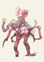 Rule 34 | 1girl, absurdres, antennae, apron, arthropod girl, ass, centipede girl, double bun, entoma vasilissa zeta, extra arms, frills, from behind, highres, looking at viewer, luviantree, maid, maid headdress, millipede, monster girl, multiple legs, overlord (maruyama), red eyes, red hair, silk, simple background, solo, spider web
