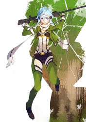 Rule 34 | 10s, 1girl, anti-materiel rifle, blue eyes, blue hair, bolt action, breasts, chestnut mouth, cleavage, clothing cutout, fingerless gloves, gloves, gun, hair ornament, hairclip, highres, leaf, matching hair/eyes, pgm hecate ii, rifle, scarf, short hair, short shorts, shorts, side cutout, sinon, small breasts, sniper rifle, solo, sonech, sword art online, tree, weapon