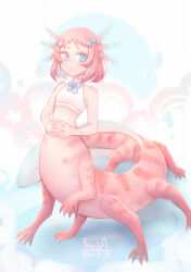 Rule 34 | :c, axolotl, axolotl girl, blue eyes, body freckles, bow, bubble, centauroid, colored skin, dated, finger touching, fins, freckles, hair bow, highres, iimia, monster girl, multiple legs, original, pastel colors, pink hair, red eyes, signature, solo, star (symbol), striped skin, taur, webbed feet, webbed hands, worried