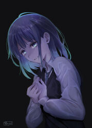Rule 34 | 1girl, absurdres, black sweater vest, blue hair, blue necktie, clutching chest, collared shirt, commentary, crying, crying with eyes open, gradient hair, highres, kurokawa akane, light blue hair, medium hair, mixed-language commentary, multicolored hair, necktie, oshi no ko, parisa reaz, parted lips, shirt, signature, solo, streaming tears, sweater vest, tears, variant set, wet, wet clothes, white shirt