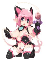 Rule 34 | 1girl, animal ears, bare shoulders, blush, boots, breasts, cat ears, deathlock-san, fake animal ears, full body, gloves, kneeling, lactation, large breasts, milk gun, milking machine, nipples, open mouth, original, pink hair, pointy ears, short hair, simple background, solo, squirting liquid, sweat, thigh boots, thighhighs, white background, women livestock, zankuro