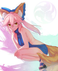 Rule 34 | 10s, 1girl, animal ears, backless dress, backless outfit, bare back, bare shoulders, blue bow, blue sweater, blush, bow, breasts, closed mouth, dress, dutch angle, fang, fang out, fate/extra, fate (series), fox ears, fox girl, fox tail, hair between eyes, hair bow, halterneck, high heels, highres, large bow, large breasts, legs together, long hair, looking at viewer, maru (maru1625), meme attire, naked sweater, pink hair, ribbed sweater, sandals, sideboob, smile, solo, squatting, sweater, sweater dress, tail, tamamo (fate), tamamo no mae (fate/extra), thighs, turtleneck, turtleneck sweater, virgin killer sweater, yellow eyes