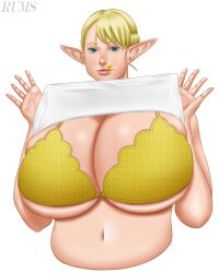 absurdres bikini blonde_hair breasts elf elf-san_wa_yaserarenai. elfuda_(elf-san_wa_yaserarenai.) highres large_breasts non-web_source pointy_ears rums self-upload swimsuit yellow_bikini