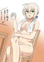 Rule 34 | 1girl, blonde hair, blush, breasts, covered erect nipples, drink, gradient background, green eyes, hachimitsu-b, hair ornament, hair ribbon, hanna rudel, large breasts, looking at viewer, milk, navel, open mouth, orange background, ponytail, ribbon, scar, simple background, solo, strike witches, towel, translation request, world witches series