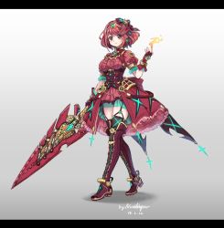 Rule 34 | 1girl, adapted costume, alternate costume, blush, breasts, dress, earrings, full body, gloves, highres, jewelry, large breasts, letterboxed, looking at viewer, nintendo, north abyssor, pyra (xenoblade), red eyes, red hair, short hair, simple background, smile, solo, sword, tiara, weapon, xenoblade chronicles (series), xenoblade chronicles 2