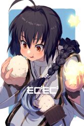 Rule 34 | 1other, ahoge, androgynous, black hair, blush, braid, braided ponytail, brown eyes, eating, echo (circa), fate/samurai remnant, fate (series), food, jewelry, long hair, long sleeves, necklace, onigiri, shirt, sidelocks, smile, translation request, white shirt, wide sleeves, yamato takeru (fate)