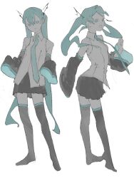 Rule 34 | 1girl, aqua eyes, aqua hair, aqua necktie, aqua trim, bare shoulders, black skirt, black sleeves, black thighhighs, closed mouth, collared shirt, full body, gtsleep1200, hair ornament, hatsune miku, highres, long hair, long sleeves, looking at viewer, miniskirt, multiple views, necktie, no shoes, open mouth, pleated skirt, shirt, simple background, skirt, sleeveless, sleeveless shirt, sleeves past fingers, sleeves past wrists, smile, standing, thighhighs, twintails, very long hair, vocaloid, white background, wide sleeves