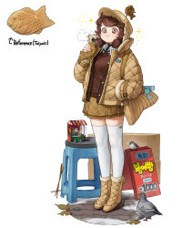 Rule 34 | 1girl, absurdres, bird, black necktie, boots, brown eyes, brown footwear, brown hair, brown headwear, brown skirt, brown vest, eating, food, hand in pocket, hand up, highres, holding, holding food, necktie, original, personification, pigeon, pleated skirt, rinotuna, shirt, sign, skirt, solo, stool, taiyaki, the north face, thighhighs, vest, wagashi, white shirt, white thighhighs