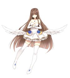 Rule 34 | 1girl, angel wings, artificial world, bare shoulders, blunt ends, boots, chest jewel, choker, closed mouth, commentary, detached sleeves, dress, english commentary, closed eyes, facing viewer, feathered wings, full body, long hair, long sleeves, low wings, miniskirt, original, own hands together, ren (terupancake), simple background, skirt, smile, solo, strapless, strapless dress, terupancake, thigh boots, thighhighs, very long hair, white background, white dress, white footwear, white skirt, white wings, wings, yellow choker