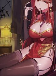Rule 34 | 1girl, absurdres, bad id, bad twitter id, black panties, black thighhighs, breasts, bridal gauntlets, china dress, chinese clothes, cleavage, curtains, dress, earrings, garter straps, highres, jewelry, lamp, large breasts, long hair, looking at viewer, mouth hold, original, orn, panties, pelvic curtain, red dress, red eyes, red hair, sitting, solo, tassel, thighhighs, underwear