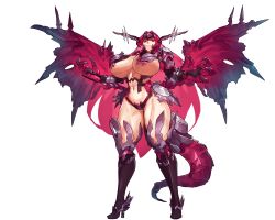 Rule 34 | 1girl, boots, breasts, closed mouth, demon wings, feet, female focus, full body, game cg, groin, head wings, high heel boots, high heels, huge breasts, legs, legs apart, long hair, looking at viewer, melon22, navel, original, outstretched arms, red eyes, red hair, revealing clothes, serious, solo, source request, spread arms, standing, tail, thick thighs, thigh boots, thighhighs, thighs, tiara, transparent background, underboob, very long hair, wide hips, wings