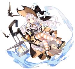 Rule 34 | 1girl, ass, azur lane, bare shoulders, bat (animal), black hat, bow, bowtie, broom, broom riding, candle, closed mouth, erebus (azur lane), erebus (wardrobe witchery) (azur lane), full body, garter straps, ghost, halloween, hat, high heels, highres, index finger raised, long hair, looking at viewer, manjuu (azur lane), miniskirt, nail polish, official alternate costume, official art, pointy ears, red eyes, red nails, saru, shirt, shoe dangle, sidelocks, skirt, slit pupils, solo, striped clothes, striped legwear, striped thighhighs, thighhighs, transparent background, turret, underbust, white hair, white shirt, witch, witch hat, yellow skirt