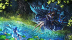 Rule 34 | 2girls, animal, armor, arms at sides, back, bad id, bad pixiv id, bare legs, barefoot, blonde hair, blue dress, blue hair, bow, breasts, chain, cirno, closed eyes, creature, crossover, crystal, crystal maiden, dota (series), dota 2, dress, fairy, fish, forest, fur trim, gem, glowing, grass, hair bow, hbptcsg2, highres, holding, holding staff, hood, ice, ice wings, large breasts, leaf, long hair, lying, mini person, minigirl, multiple girls, nature, on back, outdoors, pauldrons, power connection, puffy short sleeves, puffy sleeves, rock, shade, short hair, short sleeves, shoulder armor, sketch, soaking feet, staff, stream, touhou, unconscious, valve software, wallpaper, water, wings, wrist cuffs, zi ye (hbptcsg2)
