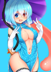 Rule 34 | 1girl, alternate costume, blue background, blue eyes, blue hair, breasts, china dress, chinese clothes, cleavage, cowboy shot, daichi (tokoya), double v, dress, elbow gloves, gloves, hands up, heterochromia, highres, holding, holding umbrella, looking at viewer, medium breasts, navel, red eyes, simple background, sketch, sleeveless, sleeveless dress, smile, solo, tatara kogasa, thighhighs, tongue, touhou, umbrella, v, white gloves, white thighhighs, wide hips