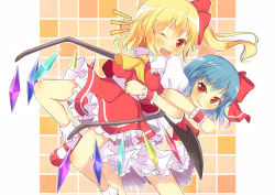 Rule 34 | &gt;:d, &gt; o, ^^^, 2girls, :d, ;d, alternate hairstyle, ascot, back-to-back, bat wings, blonde hair, blue hair, blush, bow, collar, cowboy shot, crystal, demon wings, dress, fang, flandre scarlet, frilled collar, frilled shirt collar, frills, grin, hair bow, leaning forward, lifting person, locked arms, looking at viewer, mary janes, multiple girls, no headwear, no headwear, one eye closed, open mouth, orange background, pillarboxed, pink dress, puffy short sleeves, puffy sleeves, red bow, red eyes, red footwear, red skirt, remilia scarlet, shoes, short hair, short sleeves, siblings, side ponytail, simple background, sisters, skirt, smile, socks, standing, teeth, touhou, v-shaped eyebrows, vampire, white legwear, wince, wings, wrist cuffs, yuimari