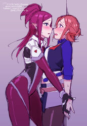 2girls against_wall artist_name asymmetrical_docking black_pantyhose blue_eyes blue_jacket blush bodysuit breast_press breasts grey_skirt hair_behind_ear holding_hands jacket kaname_buccaneer long_hair macross macross_delta medium_breasts mirage_farina_jenius multiple_girls open_mouth pantyhose pointy_ears purple_bodysuit purple_hair sasanoneko shirt signature skirt surprised sweat watermark web_address white_shirt yuri