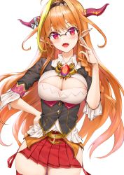 Rule 34 | :d, ahoge, athenawyrm, black-framed eyewear, black hairband, blonde hair, blush, bow, breasts, chain, chain necklace, cleavage, cleavage cutout, clothing cutout, commentary, corset, cowboy shot, fangs, gem, glasses, hair intakes, hairband, hand on own hip, hand up, highres, hip vent, hololive, horn bow, horn ornament, horns, jewelry, kiryu coco, kiryu coco (1st costume), large breasts, long hair, looking at viewer, miniskirt, multicolored hair, necklace, open mouth, orange hair, over-rim eyewear, pleated skirt, pointing, pointy ears, red eyes, red gemstone, red skirt, semi-rimless eyewear, short sleeves, skindentation, skirt, smile, solo, streaked hair, striped, striped bow, two-tone hair, very long hair, virtual youtuber