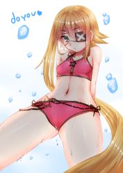 Rule 34 | 1girl, arms behind back, bikini, blonde hair, blush, breasts, doyouwantto, eyepatch, green eyes, long hair, looking at viewer, navel, original, pink bikini, simple background, small breasts, solo, swimsuit, very long hair, water, wet, white background