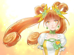 Rule 34 | 1girl, bow, brooch, brown eyes, brown hair, choker, cure rosetta, dokidoki! precure, double bun, earrings, flower, hair bun, hair flower, hair ornament, hair ribbon, heart, heart brooch, jewelry, long hair, looking at viewer, magical girl, precure, puffy sleeves, ribbon, skirt, smile, solo, ttknok, twintails, wrist cuffs, yellow background, yellow theme, yotsuba alice