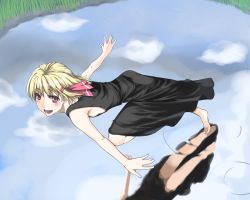 Rule 34 | 1girl, barefoot, blonde hair, breasts, embodiment of scarlet devil, feet, female focus, full body, hair ribbon, haruichi (komikal), nature, outdoors, red eyes, reflection, reflective water, ribbon, rumia, running, short hair, sideboob, sky, small breasts, solo, touhou, water