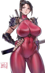 Rule 34 | 1girl, absurdres, armor, black hair, bodysuit, breasts, brown eyes, cameltoe, closed mouth, covered erect nipples, covered navel, cowboy shot, curvy, fishnet cutout, forehead, hand on own hip, highres, huge breasts, impossible bodysuit, impossible clothes, juaag acgy, long hair, looking at viewer, multiple swords, ninja, nose, ponytail, red bodysuit, simple background, soul calibur, sword, taki (soulcalibur), turtleneck, weapon, white background