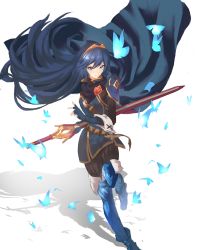 Rule 34 | 1girl, armor, artist request, blue eyes, blue hair, blush, bug, butterfly, cape, falchion (fire emblem), fingerless gloves, fire emblem, fire emblem awakening, full body, gloves, hair between eyes, hair ornament, highres, bug, long hair, looking at viewer, lucina (fire emblem), nintendo, simple background, solo, sword, tiara, weapon
