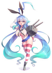 Rule 34 | 1girl, absurdres, ahoge, aqua hair, ass, blue hair, blush, boots, breasts, cannon, cosplay, detached sleeves, dress, fake wings, full body, gradient eyes, gradient hair, happy, highres, jojo (qiu bowen), kantai collection, large breasts, long hair, multicolored eyes, multicolored hair, navel, one leg raised, open mouth, orange eyes, original, panties, red eyes, sailor dress, salute, shimakaze (kancolle), shimakaze (kancolle) (cosplay), shoes, smile, thighhighs, thighs, underboob, underwear, very long hair, white background, wings