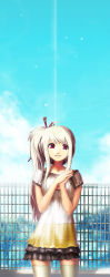 Rule 34 | 1girl, ahoge, alternate hairstyle, casual, cloud, cowboy shot, day, fence, grin, hair ornament, hair stick, highres, iris (latale), jongmin, latale, long hair, long image, looking at viewer, outdoors, own hands together, pleated skirt, red eyes, ribbon-trimmed clothes, ribbon trim, short sleeves, side ponytail, skirt, sky, smile, solo, tall image, thighhighs, white hair, white thighhighs, zettai ryouiki