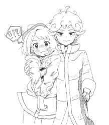 Rule 34 | 1boy, 1girl, ahoge, banana jirou, bede (pokemon), blush, bob cut, bracelet, buttons, cable knit, cardigan, closed mouth, coat, commentary request, creatures (company), curly hair, dress, eyelashes, game freak, gloria (pokemon), greyscale, hand in pocket, hat, highres, jewelry, looking at viewer, monochrome, nintendo, open mouth, pokemon, pokemon swsh, short hair, simple background, sleeves rolled up, smile, tam o&#039; shanter, white background