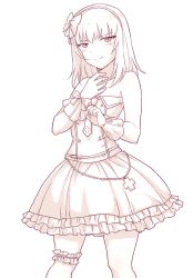 Rule 34 | 10s, 1girl, alternate costume, bead belt, blue eyes, bow, bridal garter, closed mouth, cowboy shot, cross, dress, frilled dress, frills, girls und panzer, gloves, greyscale, hair bow, hairband, idol, itsumi erika, layered dress, long hair, looking at viewer, monochrome, necktie, pale color, short dress, silver hair, smile, solo, standing, strapless, strapless dress, viscount shishamo, white background