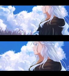 Rule 34 | 1girl, black capelet, blue eyes, blue sky, braid, capelet, cloud, cloudy sky, colored eyelashes, day, film grain, final fantasy, final fantasy xiv, flower, from side, grass, hair strand, half updo, highres, hood, hood down, hooded capelet, letterboxed, long hair, looking afar, looking ahead, mask, mask around neck, unworn mask, multiple views, outdoors, parted lips, portrait, profile, purple flower, single braid, sky, sl selas, smile, venat (ff14), wavy hair, white hair