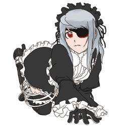 Rule 34 | 10s, 1girl, all fours, drawfag, eyepatch, female focus, flat color, frills, full body, gloves, gothic lolita, hair ornament, infinite stratos, laura bodewig, lolita fashion, long hair, red eyes, ribbon, silver hair, simple background, solo, thighhighs, white background