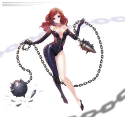 Rule 34 | 1girl, artist request, ball and chain (weapon), bare shoulders, bodysuit, breasts, brown hair, chain, cleavage, elbow gloves, flail, full body, gloves, hades (herowarz), herowarz, highres, hip focus, jewelry, legs, long hair, looking at viewer, purple eyes, solo, spiked ball and chain, thighs, weapon, wide hips