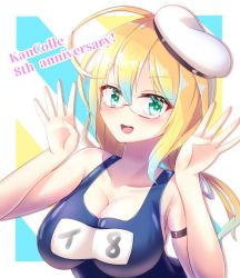 Rule 34 | 1girl, ahoge, anniversary, blonde hair, blue background, breasts, cleavage, collarbone, copyright name, glasses, green eyes, hair between eyes, hat, highres, i-8 (kancolle), kantai collection, large breasts, looking at viewer, low twintails, multicolored background, name tag, ogamaru, one-piece swimsuit, open mouth, peaked cap, red-framed eyewear, sailor hat, school swimsuit, semi-rimless eyewear, smile, solo, swimsuit, tri tails, twintails, under-rim eyewear, upper body, white background, yellow background