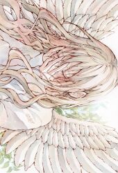 Rule 34 | 1girl, blush, closed eyes, commentary request, dated, ear piercing, face in hands, feathered wings, floral background, highres, leaf, long hair, original, piercing, portrait, signature, solo, sweater, tears, toaruocha, white sweater, wings