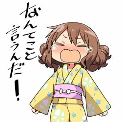 Rule 34 | 10s, 1girl, blush, bow, brown hair, chibi, crying, closed eyes, floral print, full-face blush, hibike! euphonium, jpeg artifacts, kanikama, long sleeves, lowres, oumae kumiko, sash, short hair, short twintails, simple background, sleeves past wrists, solo, tears, text focus, translation request, twintails, upper body, weight conscious, white background, white bow, wide sleeves