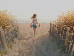 Rule 34 | 1girl, artist name, barefoot, beach, brown hair, commentary, day, denim, denim shorts, fence, footprints, from behind, holding, long hair, md5 mismatch, original, outdoors, plant, resolution mismatch, revision, sandals, shirt, shorts, signature, silhouette, solo, source smaller, striped clothes, striped shirt, tamaki (tamaki illust), walking, water, wind, wooden fence