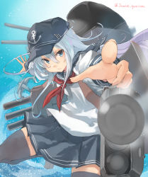 Rule 34 | 1girl, anchor symbol, bad id, bad twitter id, black sailor collar, black skirt, black thighhighs, blue eyes, cannon, commentary request, cowboy shot, flat cap, foreshortening, hat, hibiki (kancolle), highres, jamiro quaison, kantai collection, long hair, looking at viewer, machinery, neckerchief, pleated skirt, pointing, red neckerchief, sailor collar, school uniform, serafuku, silver hair, skirt, solo, thighhighs, turret, twitter username, water