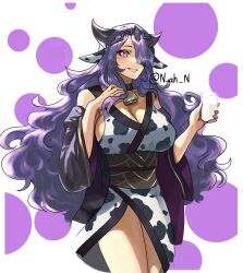 Rule 34 | 1girl, alternate costume, animal ears, animal print, bare shoulders, bell, breasts, camilla (fire emblem), cleavage, coat, cow ears, cow print, cowboy shot, cup, fire emblem, fire emblem fates, hair ornament, hair over one eye, highres, holding, holding cup, horns, japanese clothes, kimono, large breasts, lips, long hair, milk, n ah n, neck bell, nintendo, open mouth, purple eyes, purple hair, sash, short kimono, sideboob, simple background, smile, solo, thighs, tiara, wavy hair
