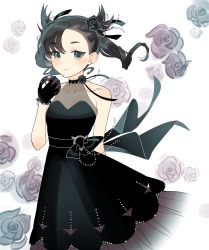 Rule 34 | 1girl, alternate costume, asymmetrical bangs, bead bracelet, bead necklace, beads, black dress, black flower, black gloves, black hair, black ribbon, blush, bracelet, closed mouth, collarbone, commentary request, creatures (company), dress, earrings, eyelashes, floating hair, flower, game freak, gloves, green eyes, hair flower, hair ornament, hair ribbon, hand up, highres, holding, holding poke ball, jewelry, looking at viewer, marnie (pokemon), necklace, nintendo, poke ball, pokemon, pokemon swsh, ribbon, sash, shi mohaji, sleeveless, solo, twintails, white background